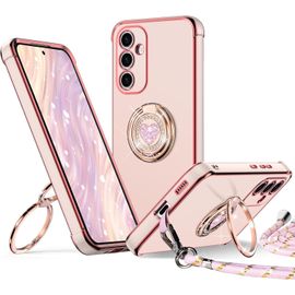 JGD-Coque pour Samsung Galaxy S24, avec Double Anneau de Support C?ur, avec Lanière pour Filles et Ultrammes, Coque de Protection Luxe Mignonne et Scintillante pour Samsung S24, Rose