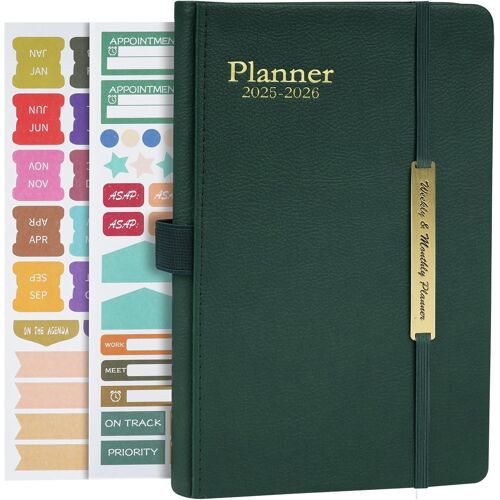 Agenda 2025 2026 Semainier A5 20,5 X 14 Cm, Planner Scolaire 18 Mois Agenda Scolaire De Jan 2025 À Juin 2026, Couverture Rigide En Cuir - Vert