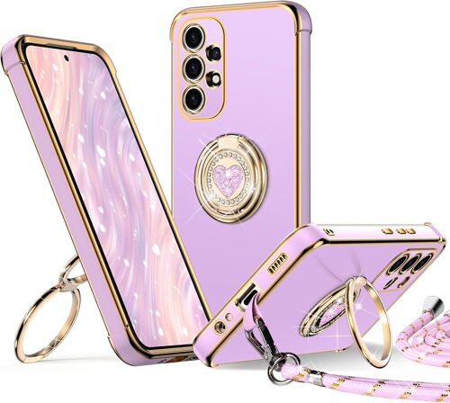 KALANKA-Coque pour Samsung Galaxy A53 5G, avec Double Anneau de Support C?ur, avec Lanière pour Filles et Femmes, Coque de Protection Luxe Mignonne et Scintillante pour Samsung A53 5G, Violet
