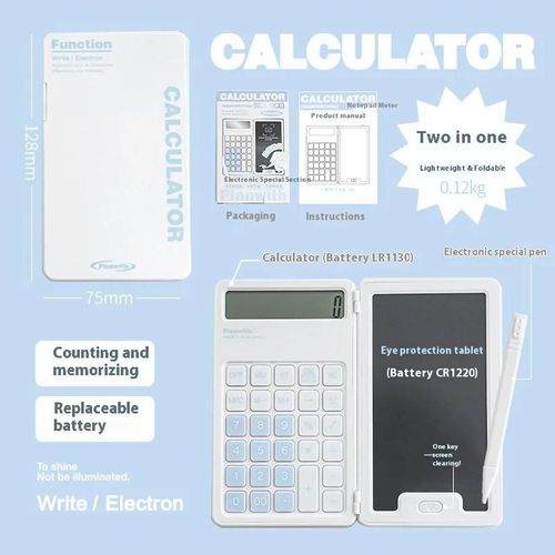 QSJ-Communautés with-Calculatrice d'écriture manuscrite 2 en 1,pliable,avec 12 chiffres,grand bouton,portable,pour bureau et étude,avec stylo électronique-Blanc