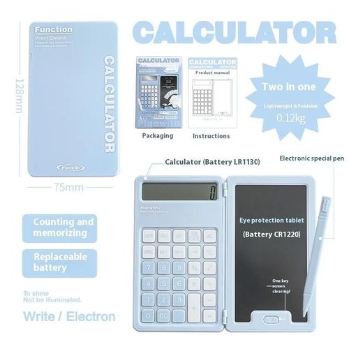 QSJ-Communautés with-Calculatrice d'écriture manuscrite 2 en 1,pliable,avec 12 chiffres,grand bouton,portable,pour bureau et étude,avec stylo électronique-Bleu