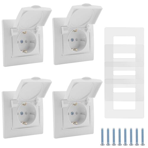 CHENG-Prises Encastrées 1 voie 4 Pièces 16 A 250 V Prise Murale Etanche Intérieure et Extérieure avec Contact, Prise avec Couvercle à Charnière pour Salle de Bain Cuisine Garage Blanc