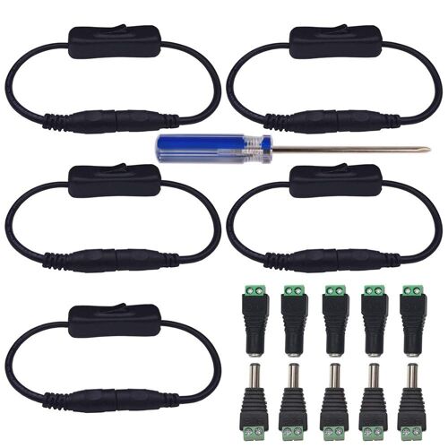 5 Paires de 5.5 mm x 2.1 mm DC connecteur d'alimentation mâle et Femelle de 12 V Adaptateurs Prise pour caméra de vidéosurveillance Système de sécurité lumière LED+5 Pcs Commutateur DC Jack