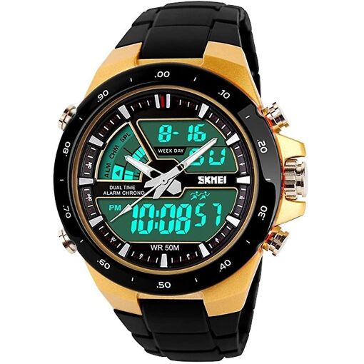 Montre Homme HPOLW Quartz Sport Double Affichage - Cadran Noir/bleu, Boîtier Acier - Neuve, Piles à Changer