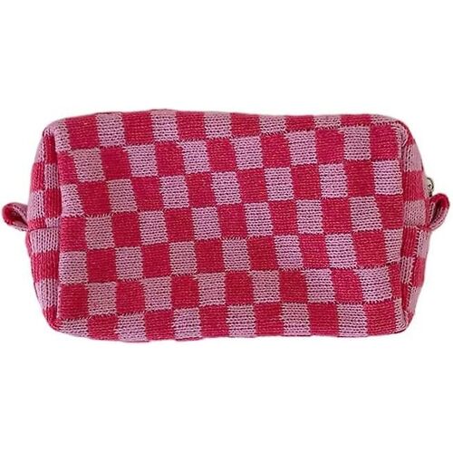 Pink Plaid Tricoté Tissu Cosmétique Sac Portable Cosmétique Sac Contacté Lentille Sac de rangement Salle de bain WC Articles de toilette