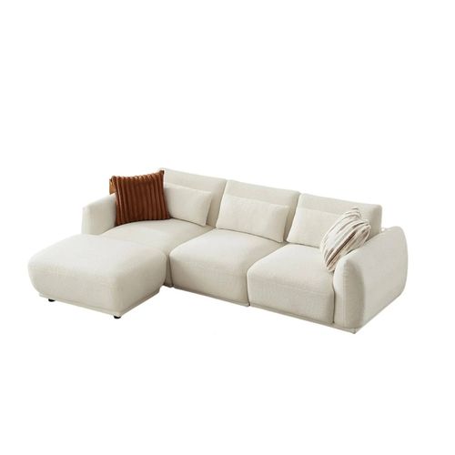 Yhl Voyura 10 Canapé En Tissu Teddy Moderne - Siège À Ressorts Hélicoïdaux - Forme Générale En L - Blanc Cassé