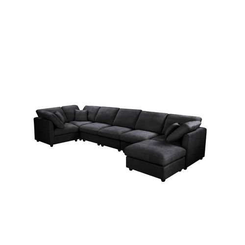 Yhl Voyura 2213 Canapé Longue Chaise De Salon Chenille Moderne - 6 Places - Accoudoirs Carrés - Noir