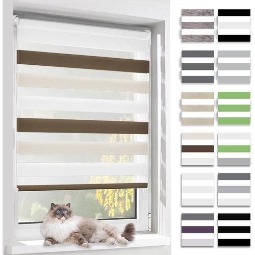 Store Enrouleur Jour Nuit, Tissu Double, Rideau Sans Perçage, Translucide Occultant Et Protection Vie Privée,Pour Fenêtre Et Porte,Blanc-Beige-Marron,75l X 230l Cm