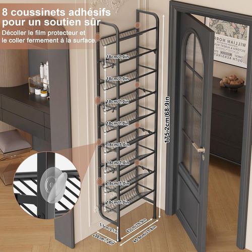 Ornestia 9 Étages Étagère À Chaussures Porte, Support À Chaussures En Métal Derrière Une Porte, Avec 12 Crochets, Pour Pièces Étroites, Couloir, Salon (Noir)