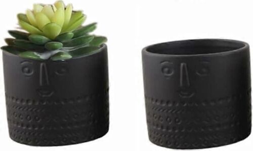 Lot de 2 pots de fleurs en céramique pour plantes grasses - Motif visage - Pour salon, bureau - Noir