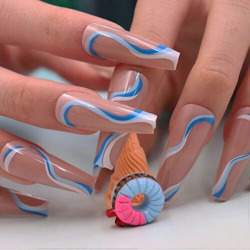 Faux Ongles, 24 Pièces, Ongles En Acrylique Brillants Style Ballerine, Faux Ongles Bleus Abstraits Tourbillonnants 