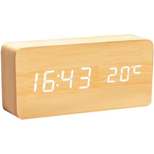 Horloge numérique en bois - Réveil LED multifonction avec affichage de l'heure, de la date, de la température et voix