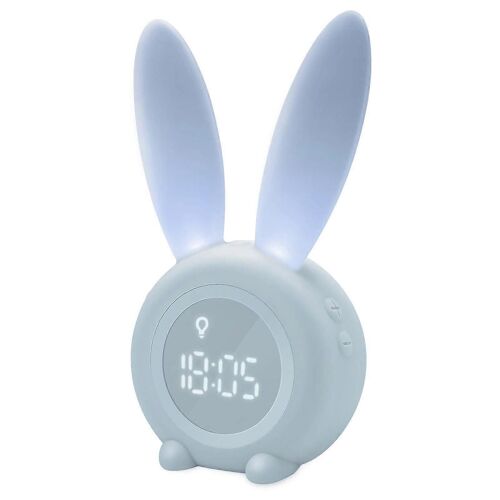 Réveil lumineux pour enfants, joli lapin blanc, fonction lampe, cadeau pour la fête des enfants, fille et garçon, bleu