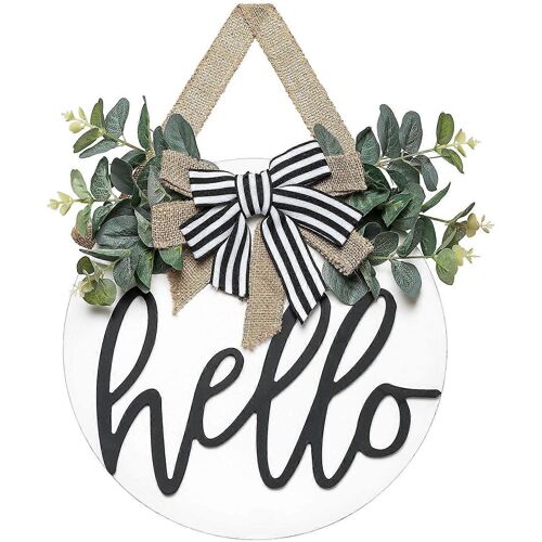 Panneau rustique « Bonjour » avec eucalyptus artificiel, décoration de porte d'entrée, panneau rond en bois à suspendre, style ferme