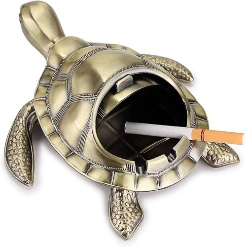 Cendrier rétro en métal motif tortue avec couvercle coupe-vent, intérieur et extérieur (vert bronze)