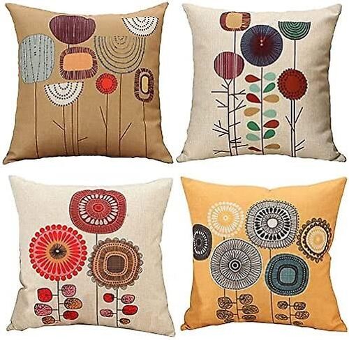 Lot De 4 Taies D'oreiller En Lin Pour Canapé, Chambre, Maison, 45 X 45 Cm (Fleurs Abstraites)