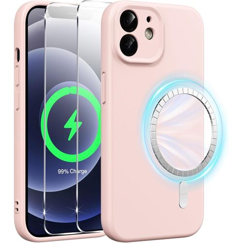 SJZG-Coque Magnétique En Silicone Pour Iphone 12 6,1 Pouces Avec 2 Verre Trempé, Compatible Avec Magsafe Aimants Intégrés, Étui Housse Antichoc Anti-Rayures Case Pour Iphone 12, Rose