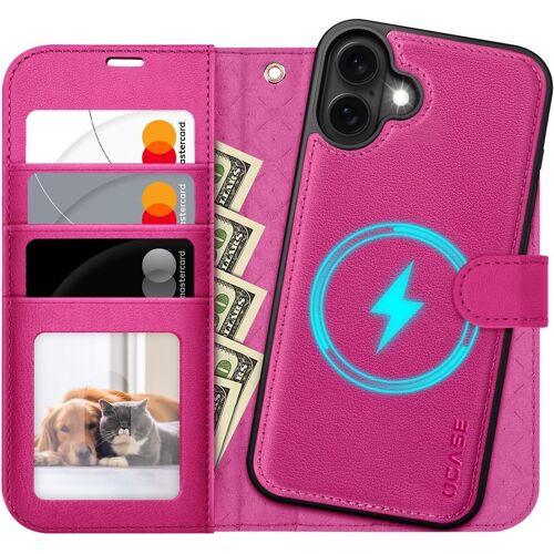SJZG-Coque Pour Iphone 17 Magnétique Détachable 2-En-1, Étui Portefeuille En Cuir Avec Rfid Blocage, Fentes Pour Cartes, Protection Antichoc Housse Pour Iphone 17 (6,3``, 2025) - Rosé Rouge