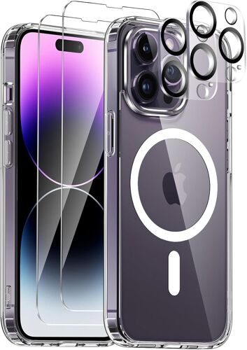 Magnetic Case for iPhone 14 Pro with 2 Tempered Glass and 2 Protective Camera, Compatible with MagSafe, Magnetic Case [Anti-Yellow and Shockproof] Anti-Scratch PC Back and TPU Bumper