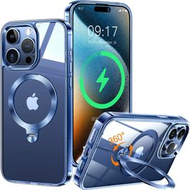 Wqs-360° Rolatif Support Magnétique Coque Pour Iphone 15 Pro Max [Cd Anneau Support Stable Pour Mag-Safe] [N°1 Puissance Magnétique & Antichoc Protection Militaire] Coque Durable Transparante,Bleu