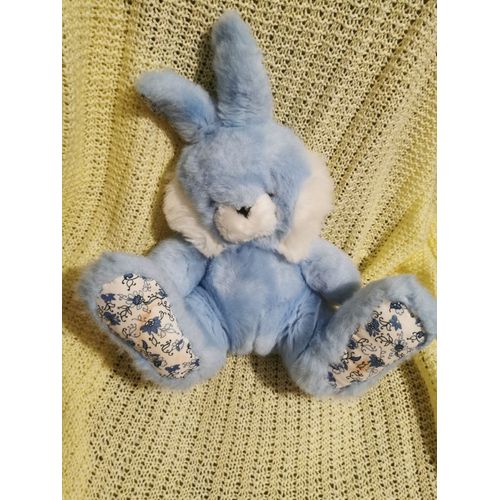 Peluche Lapin Bleu Assis Tissu Fleurs Ajena Vintage