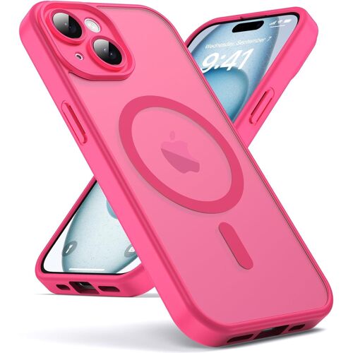 SJZG-- Coque Pour Iphone 15 Compatible Avec Magsafe Magnétique, Housse De Arrière Translucide Givrée Pc, Tpu Silicone Bumper Étui Protection Antichoc Militaire Anti-Empreintes - Rose Rouge