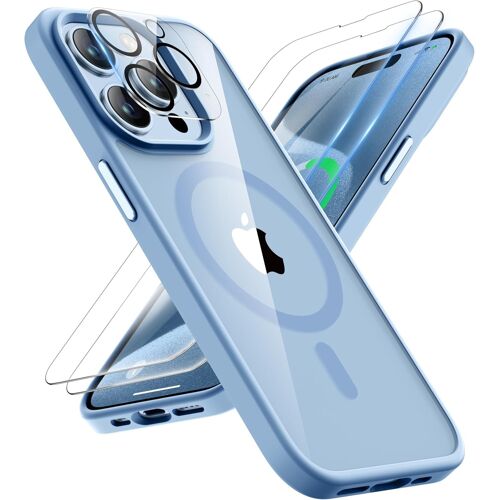 TRAHOO-Coque pour iPhone 15 Pro Max avec 2 Verre Trempé et 1 Caméra Protecteur, Etui Transparente Arrière Housse Antichoc Coque Magnétique pour iPhone 15 Pro Max Case 6.7"" Bleu Sierra