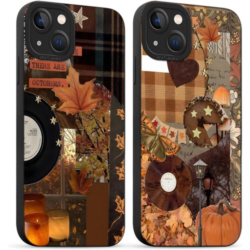 TRAHOO-2 Pièces Automne Halloween Coque pour iPhone 14 6,1'', Etui Silicone Autumn Fall Citrouille Feuille d'érable Collage Aesthetic Motif Design Caméra Protection Case Antichoc Housse Fille Étui