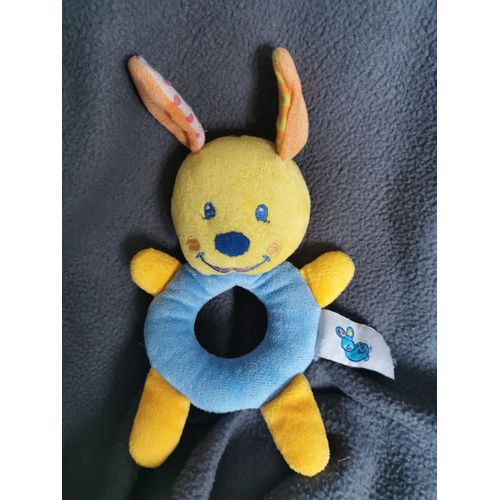 Doudou Hochet Lapin Bleu Jaune Grelot Casino