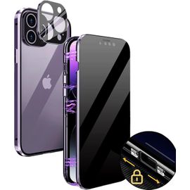 Coque Anti¿Espion Iphone 14 Pro Max - Magnétique 360° Bumper Métal, Protection Intégrale Avec Vitre De Confidentialité, Transparent Teinté Violet