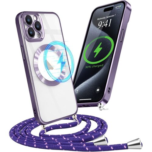 KALANKA-Coque Magnétique pour iPhone 15 Pro Max Transparente en Silicone, Étui Housse avec Collier Réglable et Compatible avec MagSafe et Recharge sans Fil, Coque de Protection avec Cordon,Violet