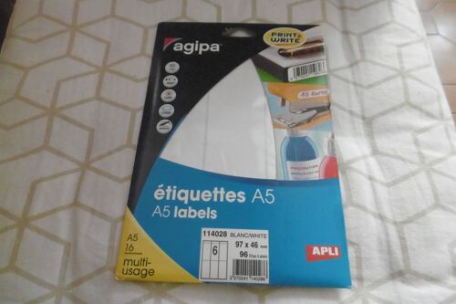 Agipa Pochette De 96 Étiquettes Blanches Autocollantes 97x46mm Ref. 114028
