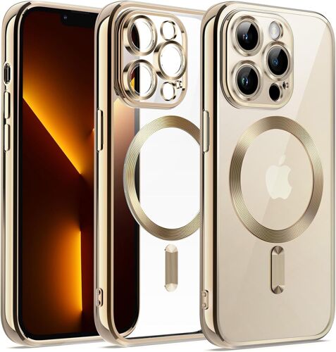 LORANKA-Coque Souple Clair pour iPhone 13 Pro 6,1 Pouces, Protection Complète d'Objectif de Caméra, Compatible avec MagSafe Recharge sans Fil, Étui Housse en TPU Galvanisé Antichoc (Or)