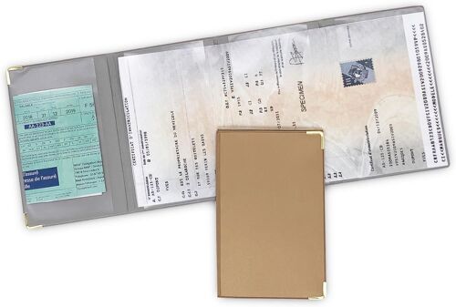 grey card holder in metallic expanded rubber ¿ Made in France ¿ Vehicle document, insurance & licence holder ¿ Elegant, compact and durable ¿ Beige colour