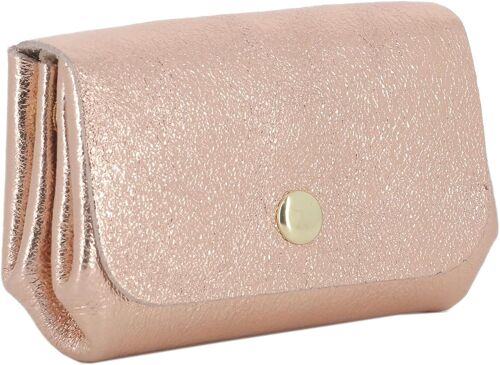 Ladies Genuine Iridescent Leather Wallet Card Holder - Small Shiny Magnetic Wallet 3 Compartments - Chic Elegant, Pink Gold, Minimalist