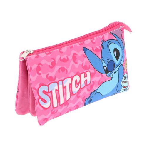 Trousse À Crayons Triple Disney Stitch –Rose – 3 Compartiments – Fermeture Éclair – 22 X 11 Cm