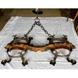 Lustre Vintage En Fer Forgé 4 Branches - Suspension Plafonnier Industriel Noir - Ancien