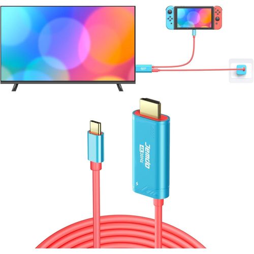ERSAN-Câble USB Type C vers HDMI pour Nintendo Switch/OLED only,Câble 3 en 1 Haute Vitesse 4K USB-C vers HDMI, Prise en Charge TV/Steam Deck/Ordinateur Portable/PC, 2m Rouge et Bleu