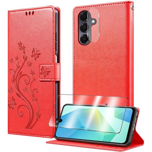 CAUC-Coque pour Samsung Galaxy A17 avec 1 Verre Trempé,1 Protection Camera,Étuis Rabat [Housse en Cuir PU][Fentes pour Cartes][Pochette de Portefeuille][Stand Feature]- Rouge