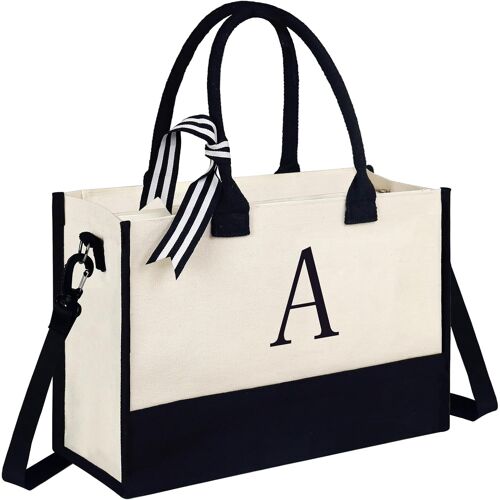 SJZG-Sac Fourre-Tout Femme En Toile Avec Initiale Fleur Et Bandoulière