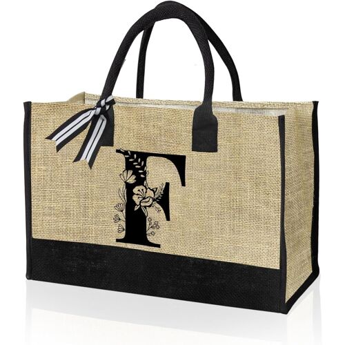 TZF-Sac fourre-tout en toile avec initiale personnalisée, sac de plage, sac cadeau, idéal pour un anniversaire, un mariage, la plage, les vacances, excellent cadeau d'anniversaire pour femme, maman