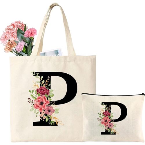 Sjzg-Sac Fourre-Tout En Toile Avec Initiale, Sac Cadeau Personnalisé Avec Trousse De Maquillage Florale, Adapté Pour Mariage, Anniversaire, Plage, Vacances, Excellent Cadeau Pour Femme, Maman