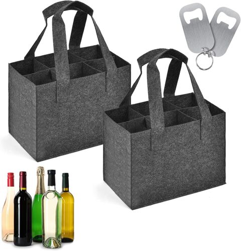 Sjzg-Sac À Bouteilles, 2 Pièces Sac De Transport De Bouteilles Avec 6 Compartiments, Sac Cabas Porte Bouteille En Feutre, Sac De Rangement Bouteilles Pour Voyage Pique Shopping - 25 X 18 X 16cm
