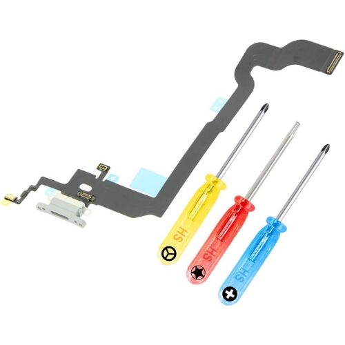 TRAHOO-Connecteur de Charge Compatible avec iPhone X - 5.8 inch - 2017 - Dock Connector - Câble Nappe de Rechange - avec Jack Audio/Microphone/Antenne Remplacement - INCL. Tournevis - Argent