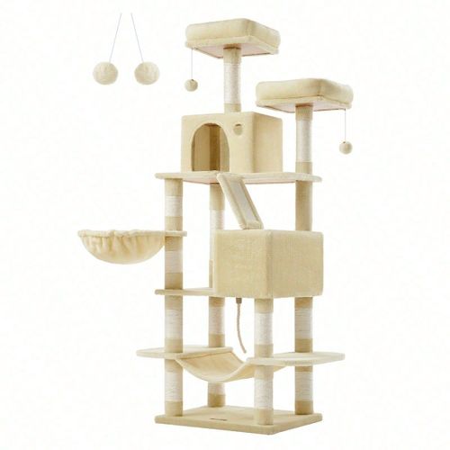 Arbre À Chat, Hauteur 168 Cm, Avec 13 Griffoirs, 2 Plate-Forme, 2 Niches, Panier, Hamac, Pompon, Tissu Peluche, Beige