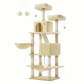 Arbre À Chat, Hauteur 168 Cm, Avec 13 Griffoirs, 2 Plate-Forme, 2 Niches, Panier, Hamac, Pompon, Tissu Peluche, Beige