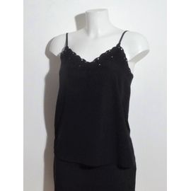 Tee Shirt Noir Bi Matière À Bretelles Et Encolure Brodée-Taille Xs- Promod