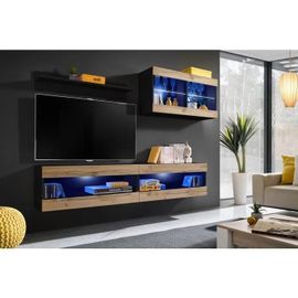 Meuble Tv Komodee Tivoli Set6 - Led Bleues - Espace Ouvert Noir Wotan 35 X 200 X 195 Cm