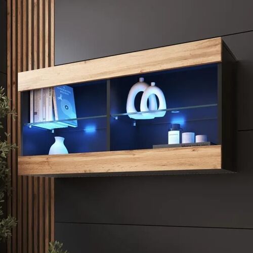 Komodee Vitrine Suspendue Horizontal Tivoli - Wotan Noir - 100 x 50 x 29 cm - LED Bleues