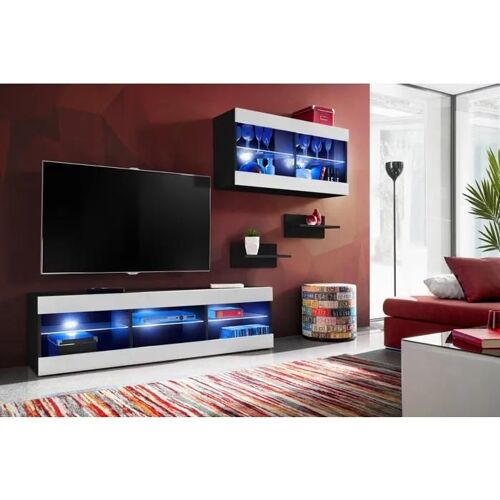 Meuble TV Komodee TIVOLI SET3 - LED Bleues - Étagères en verre Noir Blanc 35 x 240 x 195 cm